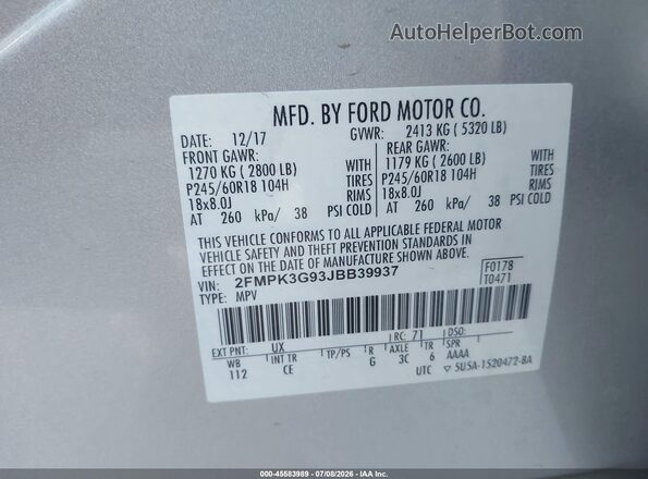 2FMPK3G93JBB39937 2018 FORD EDGE Silver Engine compartment view