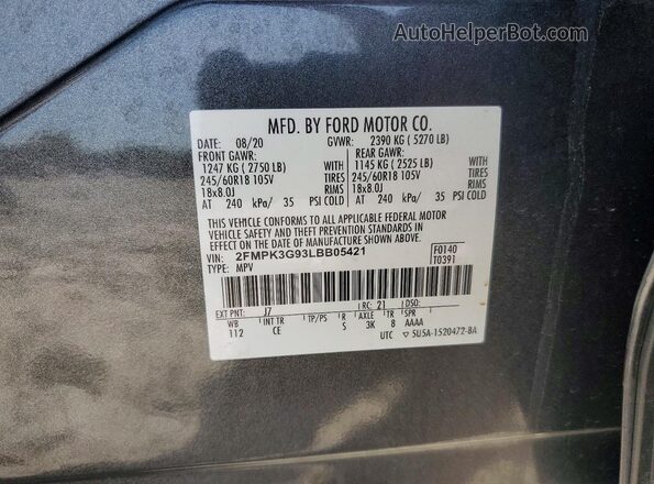 2FMPK3G93LBB05421 2020 FORD EDGE Gray Vista interior de 360 grados