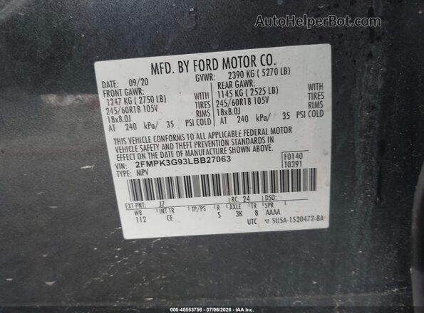 2FMPK3G93LBB27063 2020 FORD EDGE Gray Շարժիչի բաժամունքի տեսք