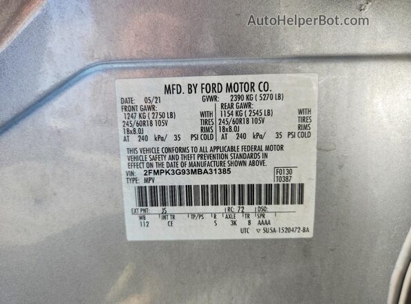 2FMPK3G93MBA31385 2021 FORD EDGE Silver VIN կոդի պիտակի տեսք