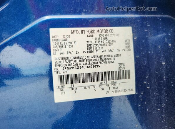 2FMPK3G94LBA93635 2020 FORD EDGE Blue VIN sticker view