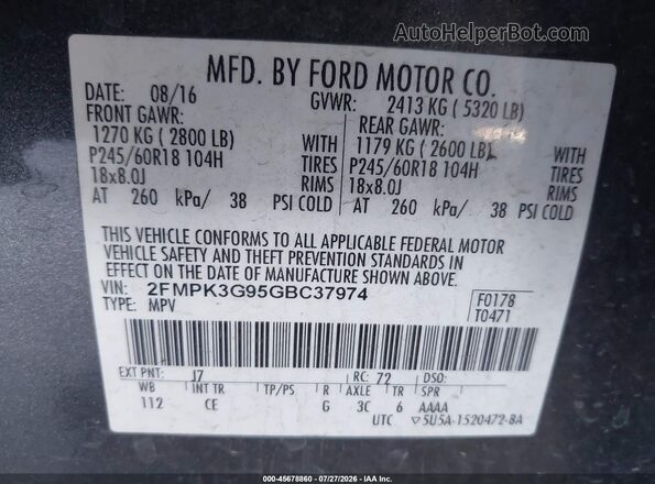 2FMPK3G95GBC37974 2016 FORD EDGE Gray Engine compartment view