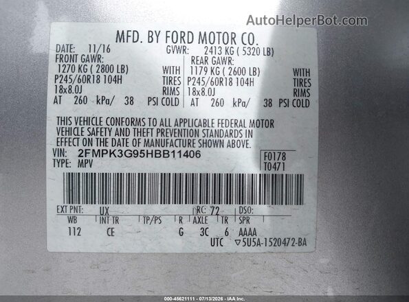 2FMPK3G95HBB11406 2017 FORD EDGE Silver Вид підкапотного простору