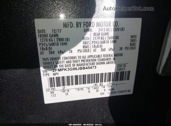 2FMPK3G96JBB45473 2018 FORD EDGE Gray Вид підкапотного простору