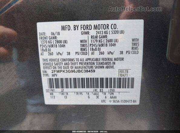 2FMPK3G96JBC38459 2018 FORD EDGE Gray Engine compartment view