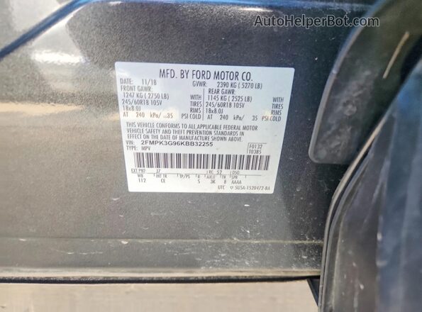 2FMPK3G96KBB32255 2019 FORD EDGE Gray VIN կոդի պիտակի տեսք