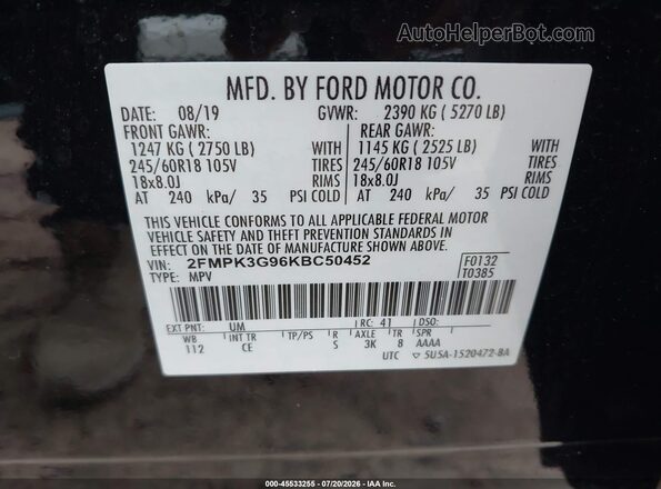 2FMPK3G96KBC50452 2019 FORD EDGE Черный Вид подкапотного пространства