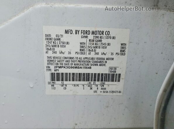 2FMPK3G96MBA15648 2021 FORD EDGE White Widok naklejki z numerem VIN