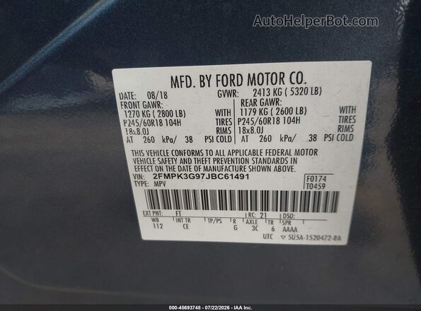 2FMPK3G97JBC61491 2018 FORD EDGE Blue ძრავის განყოფილების ხედი