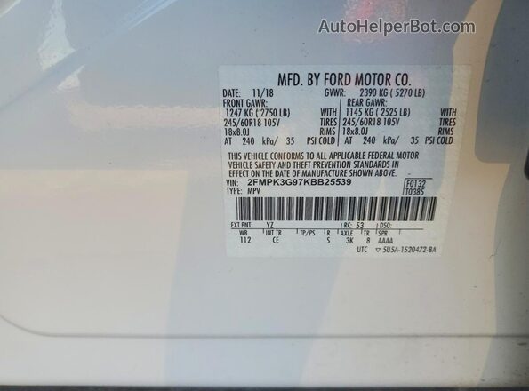 2FMPK3G97KBB25539 2019 FORD EDGE Белый Панорамный вид салона 360°