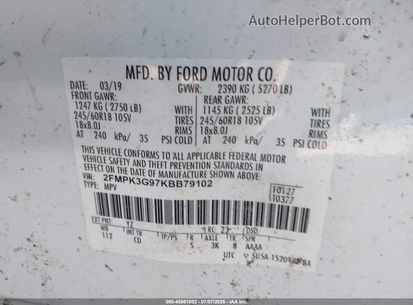 2FMPK3G97KBB79102 2019 FORD EDGE White Շարժիչի բաժամունքի տեսք