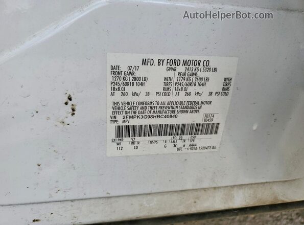 2FMPK3G98HBC40840 2017 FORD EDGE Белый Вид наклейки с VIN-кодом