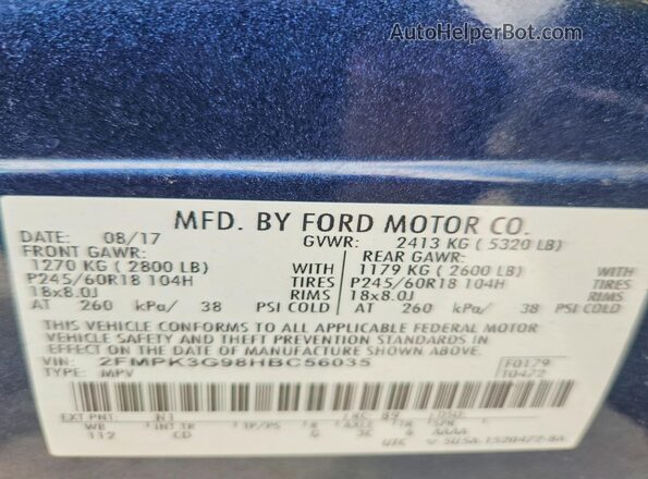 2FMPK3G98HBC56035 2017 FORD EDGE Blue Вид наклейки з VIN-кодом