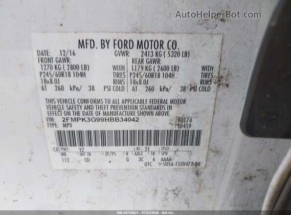2FMPK3G99HBB34042 2017 FORD EDGE Белый Вид подкапотного пространства