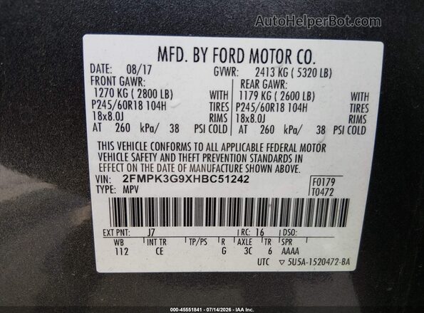 2FMPK3G9XHBC51242 2017 FORD EDGE Gray Widok komory silnika