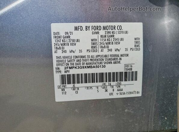 2FMPK3G9XMBA50130 2021 FORD EDGE Серебряный Вид наклейки с VIN-кодом