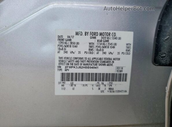 2FMPK3J82HBB94941 2017 FORD EDGE Silver VIN კოდის სტიკერის ხედი