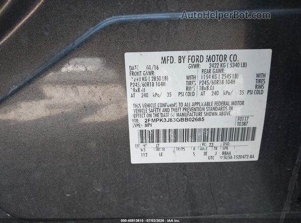 2FMPK3J83GBB02685 2016 FORD EDGE Серебряный Вид наклейки с VIN-кодом