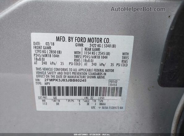 2FMPK3J83JBB80245 2018 FORD EDGE Silver Вид підкапотного простору