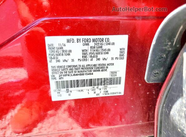2FMPK3J84HBB15494 2017 FORD EDGE Burgundy Vista de la etiqueta del VIN
