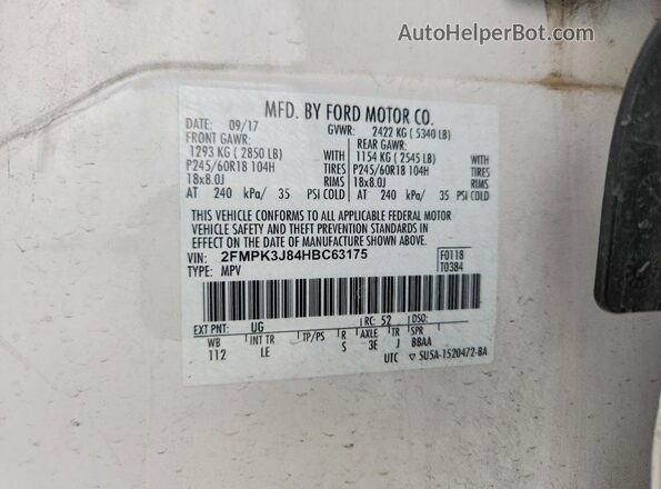 2FMPK3J84HBC63175 2017 FORD EDGE White Vista interior de 360 grados