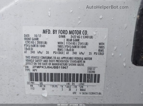 2FMPK3J84JBB11967 2018 FORD EDGE White Շարժիչի բաժամունքի տեսք