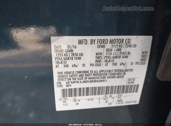 2FMPK3J85GBB02851 2016 FORD EDGE Light Blue Շարժիչի բաժամունքի տեսք