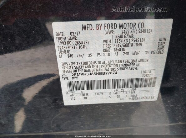 2FMPK3J85HBB77874 2017 FORD EDGE Черный Вид подкапотного пространства