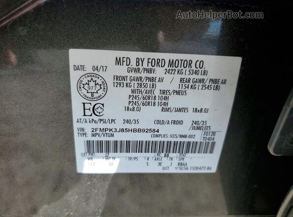 2FMPK3J85HBB92584 2017 FORD EDGE Black Вид наклейки з VIN-кодом