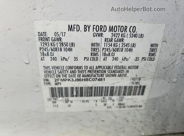 2FMPK3J86HBC07481 2017 FORD EDGE White VIN კოდის სტიკერის ხედი