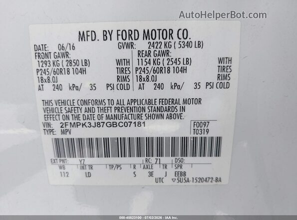 2FMPK3J87GBC07181 2016 FORD EDGE White Vista del compartimento del motor
