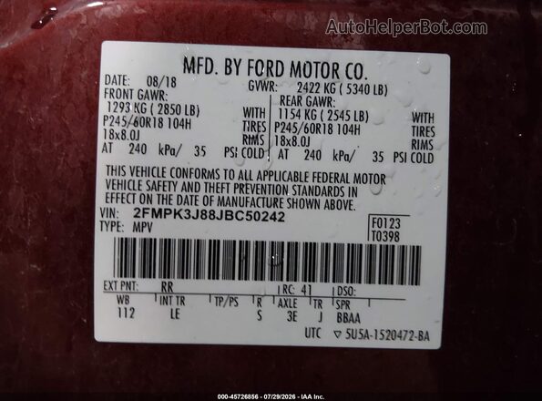 2FMPK3J88JBC50242 2018 FORD EDGE Red Vista del compartimento del motor