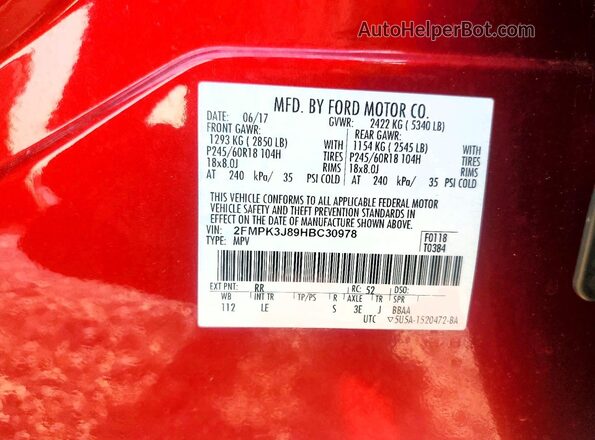 2FMPK3J89HBC30978 2017 FORD EDGE Red Widok naklejki z numerem VIN
