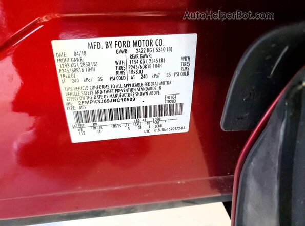 2FMPK3J89JBC10509 2018 FORD EDGE Red Vista de la etiqueta del VIN