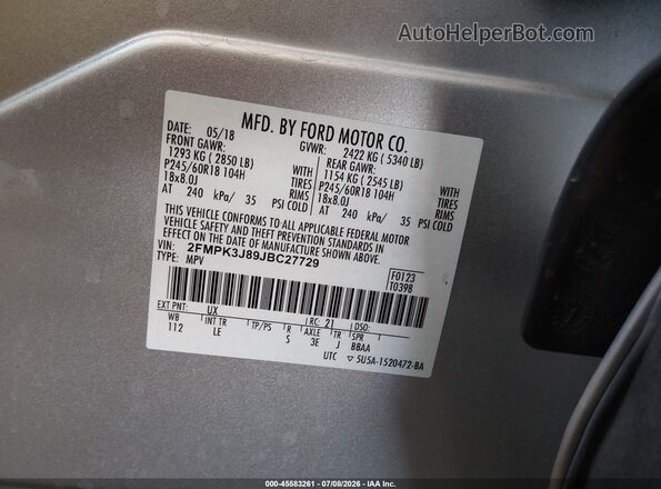 2FMPK3J89JBC27729 2018 FORD EDGE Silver ძრავის განყოფილების ხედი