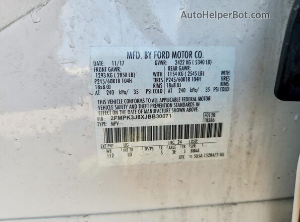 2FMPK3J8XJBB30071 2018 FORD EDGE White Widok naklejki z numerem VIN