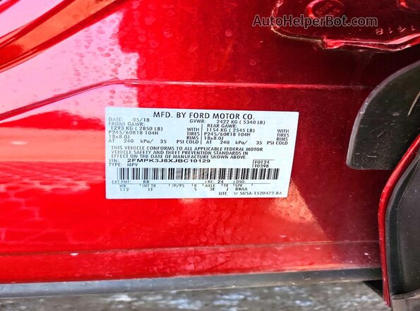 2FMPK3J8XJBC10129 2018 FORD EDGE Красный Вид наклейки с VIN-кодом