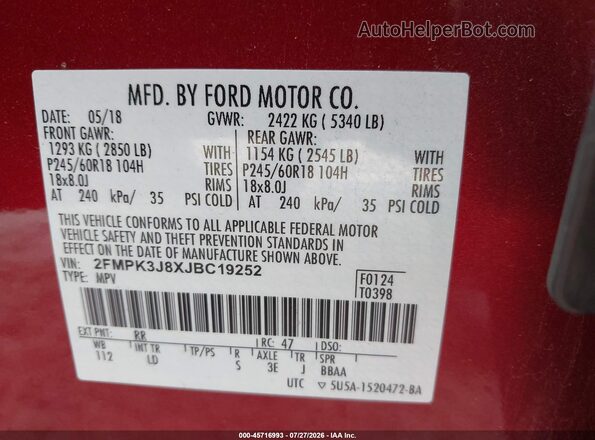 2FMPK3J8XJBC19252 2018 FORD EDGE Red Widok komory silnika