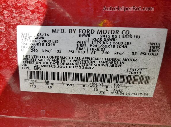 2FMPK3J90GBC33887 2016 FORD EDGE Red სალონის 360-გრადუსიანი ხედი