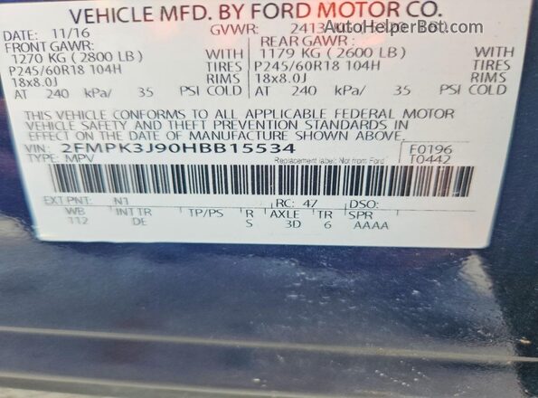 2FMPK3J90HBB15534 2017 FORD EDGE Blue Vista interior de 360 grados