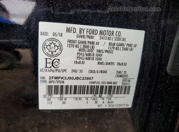 2FMPK3J90JBC23867 2018 FORD EDGE Black Widok wnętrza 360 stopni