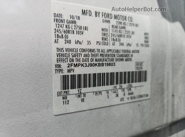 2FMPK3J90KBB19803 2019 FORD EDGE White VIN კოდის სტიკერის ხედი