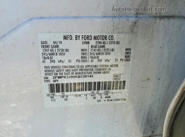 2FMPK3J90KBC00140 2019 FORD EDGE White Vista interior de 360 grados