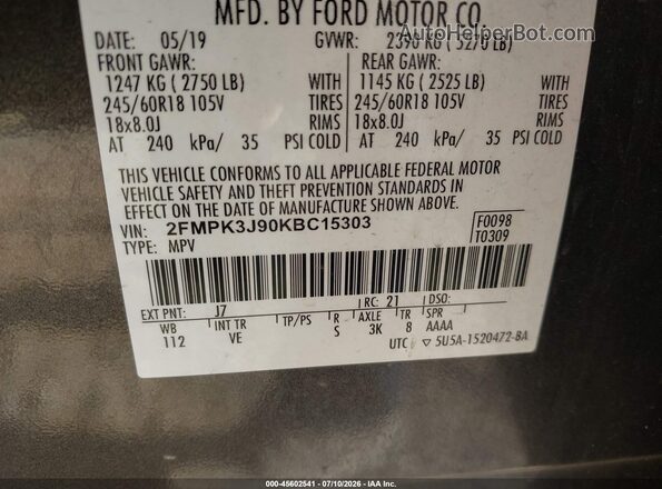 2FMPK3J90KBC15303 2019 FORD EDGE Gray Engine compartment view