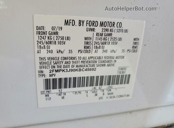 2FMPK3J90KBC45692 2019 FORD EDGE White VIN կոդի պիտակի տեսք