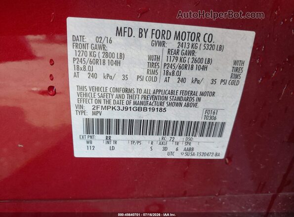 2FMPK3J91GBB19185 2016 FORD EDGE Красный Вид подкапотного пространства