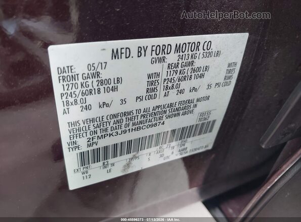 2FMPK3J91HBC09874 2017 FORD EDGE Бордовый Вид подкапотного пространства