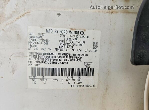 2FMPK3J91HBC43958 2017 FORD EDGE White VIN კოდის სტიკერის ხედი