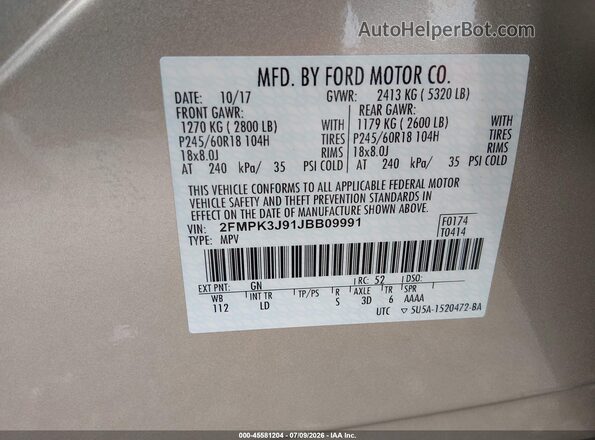 2FMPK3J91JBB09991 2018 FORD EDGE Gold ძრავის განყოფილების ხედი