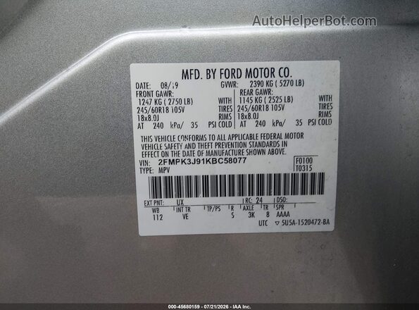 2FMPK3J91KBC58077 2019 FORD EDGE Silver Vista del compartimento del motor